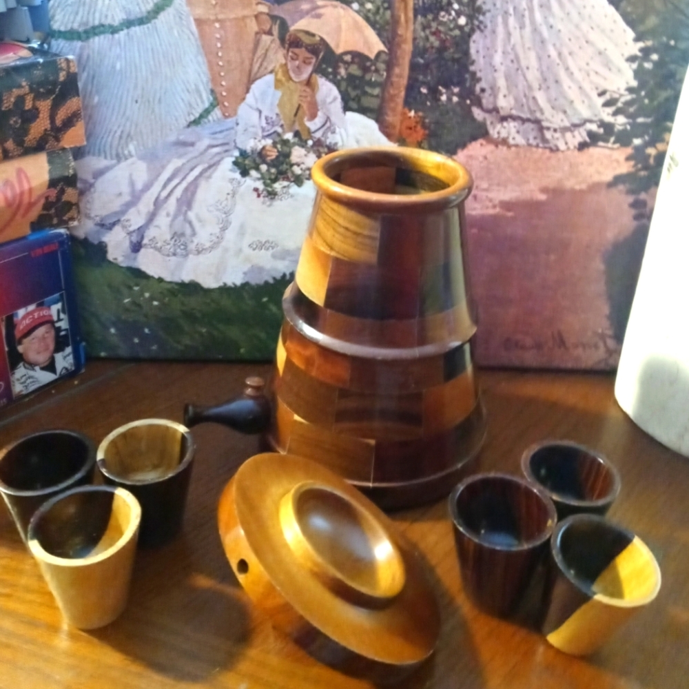 Wood Turned Pitcher Goblet Set🍾🛍 Handcrafted Boho,8 Pieces,Nice Gift.